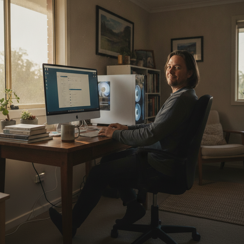 Professional computer clean-out in Beargamil (2870) — a happy New South Wales resident at home with a spotless, fast, quiet machine