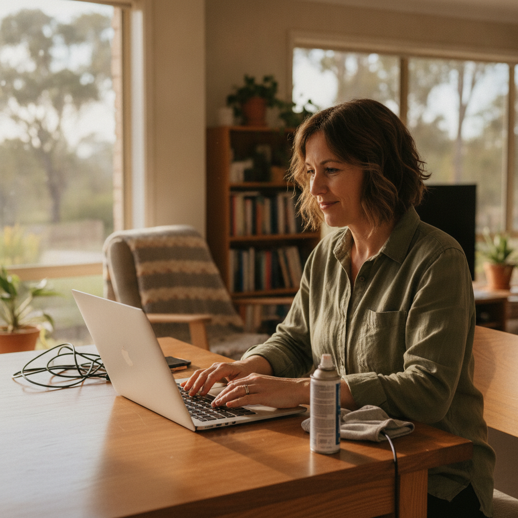 Professional computer clean-out in Bedfordale (6112) — a happy Western Australia resident at home with a spotless, fast, quiet machine