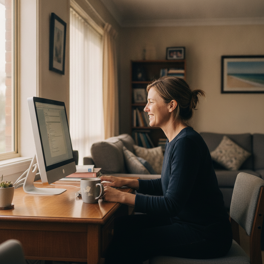 Professional computer clean-out in Belfrayden (2650) — a happy New South Wales resident at home with a spotless, fast, quiet machine