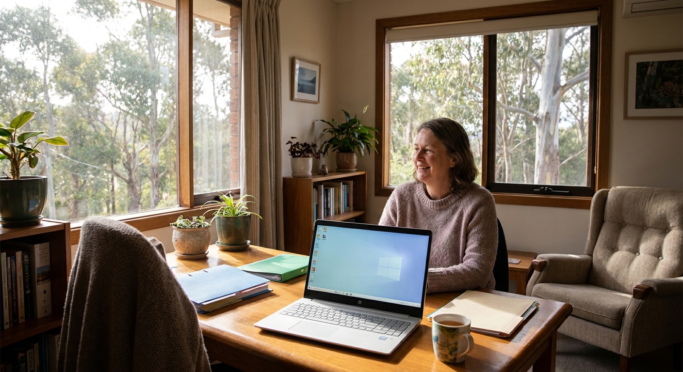 Professional computer clean-out in Belgrave Heights (3160) — a happy Victoria resident at home with a spotless, fast, quiet machine