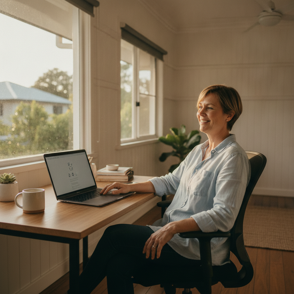 Professional computer clean-out in Belivah (4207) — a happy Queensland resident at home with a spotless, fast, quiet machine