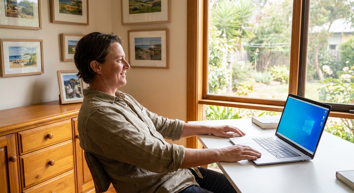 Professional computer clean-out in Bellarine (3221) — a happy Victoria resident at home with a spotless, fast, quiet machine