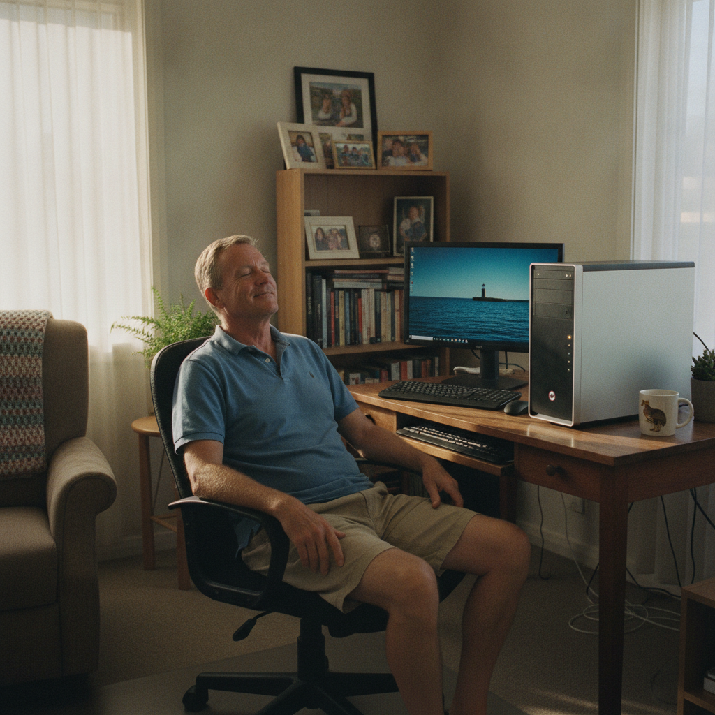 Professional computer clean-out in Belmont South (2280) — a happy New South Wales resident at home with a spotless, fast, quiet machine