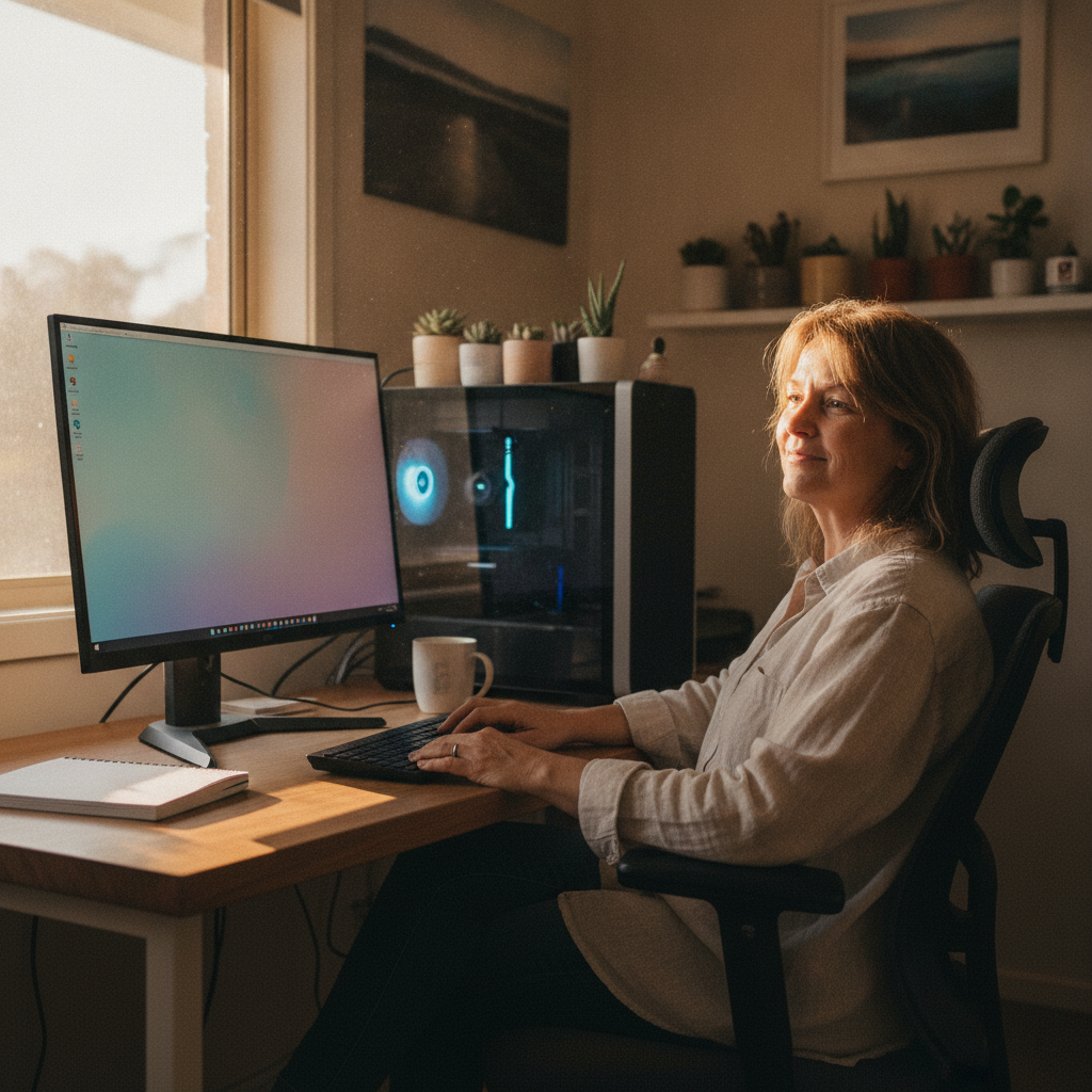 Professional computer clean-out in Berkeley Vale (2261) — a happy New South Wales resident at home with a spotless, fast, quiet machine