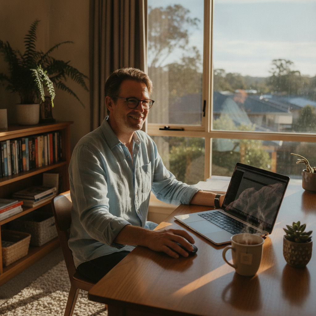 Professional computer clean-out in Berowra (2081) — a happy New South Wales resident at home with a spotless, fast, quiet machine