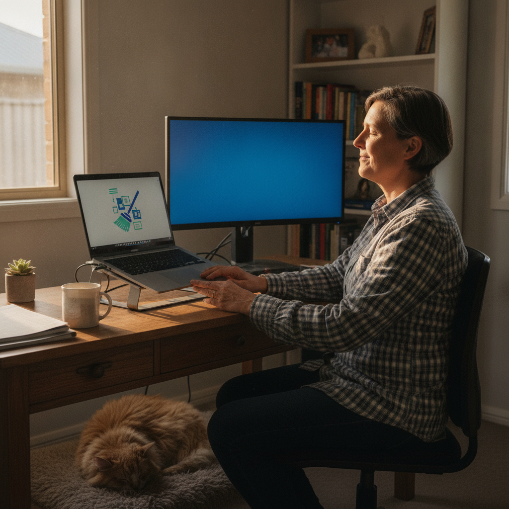 Professional computer clean-out in Bibaringa (5118) — a happy South Australia resident at home with a spotless, fast, quiet machine