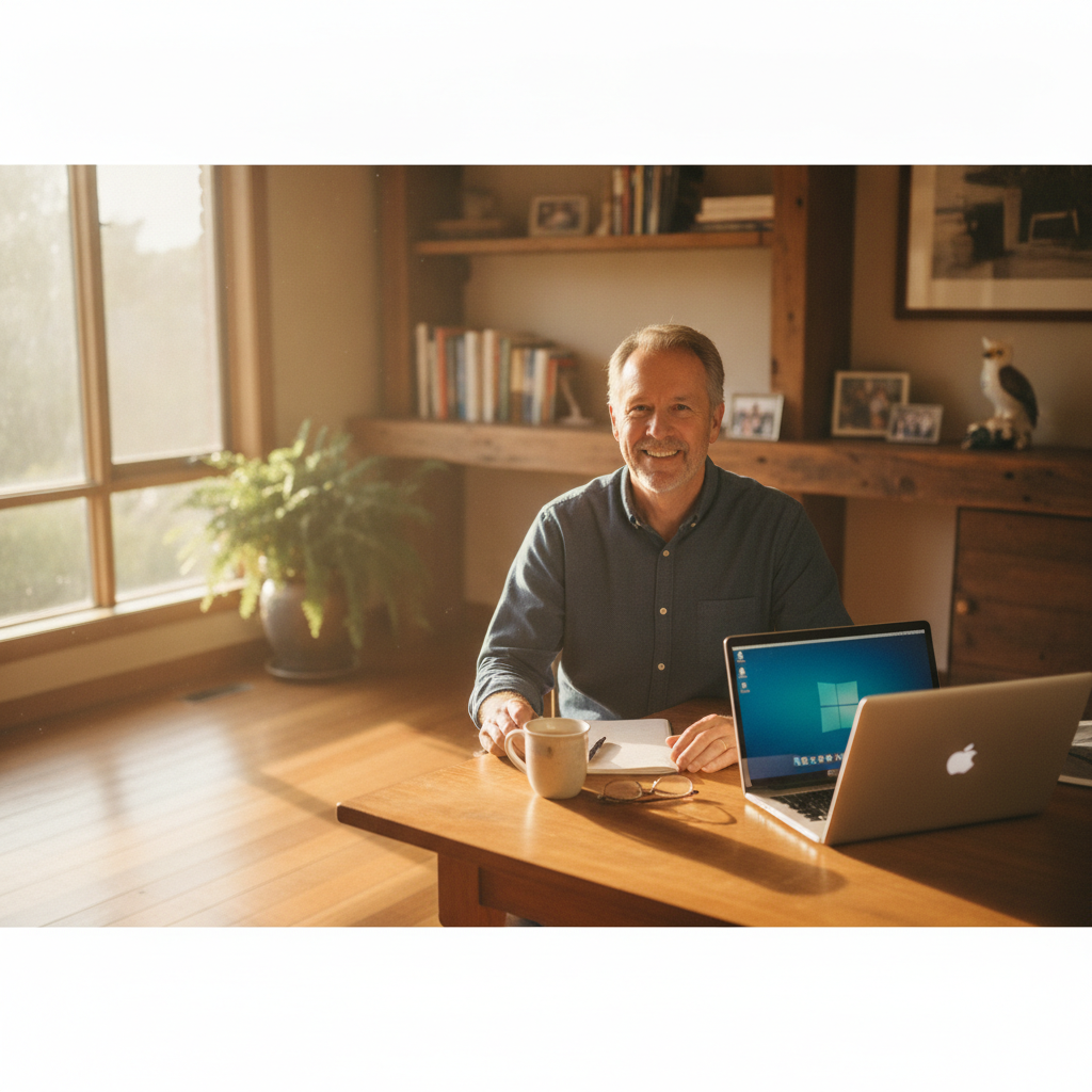Professional computer clean-out in Biggs Flat (5153) — a happy South Australia resident at home with a spotless, fast, quiet machine
