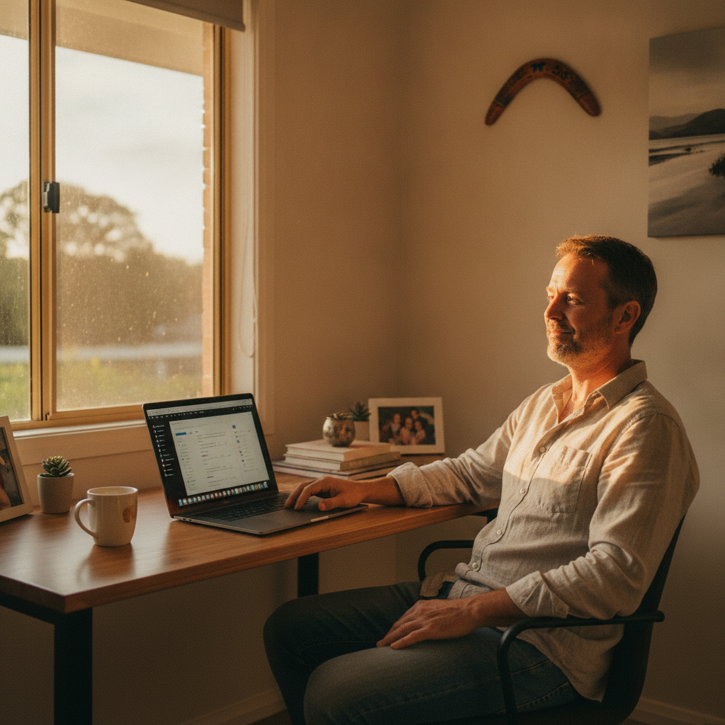 Professional computer clean-out in Billinudgel (2483) — a happy New South Wales resident at home with a spotless, fast, quiet machine