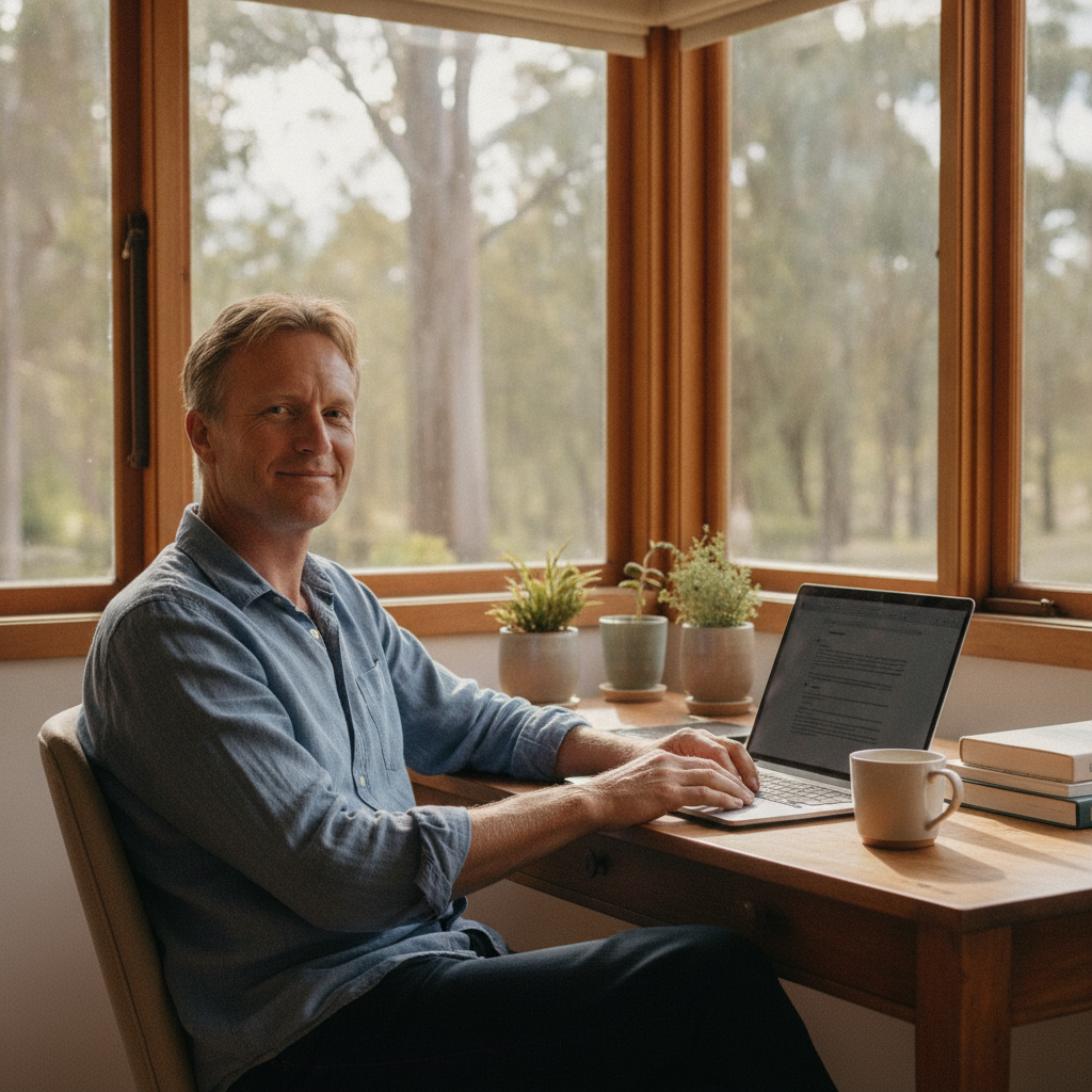 Professional computer clean-out in Bilpin (2758) — a happy New South Wales resident at home with a spotless, fast, quiet machine