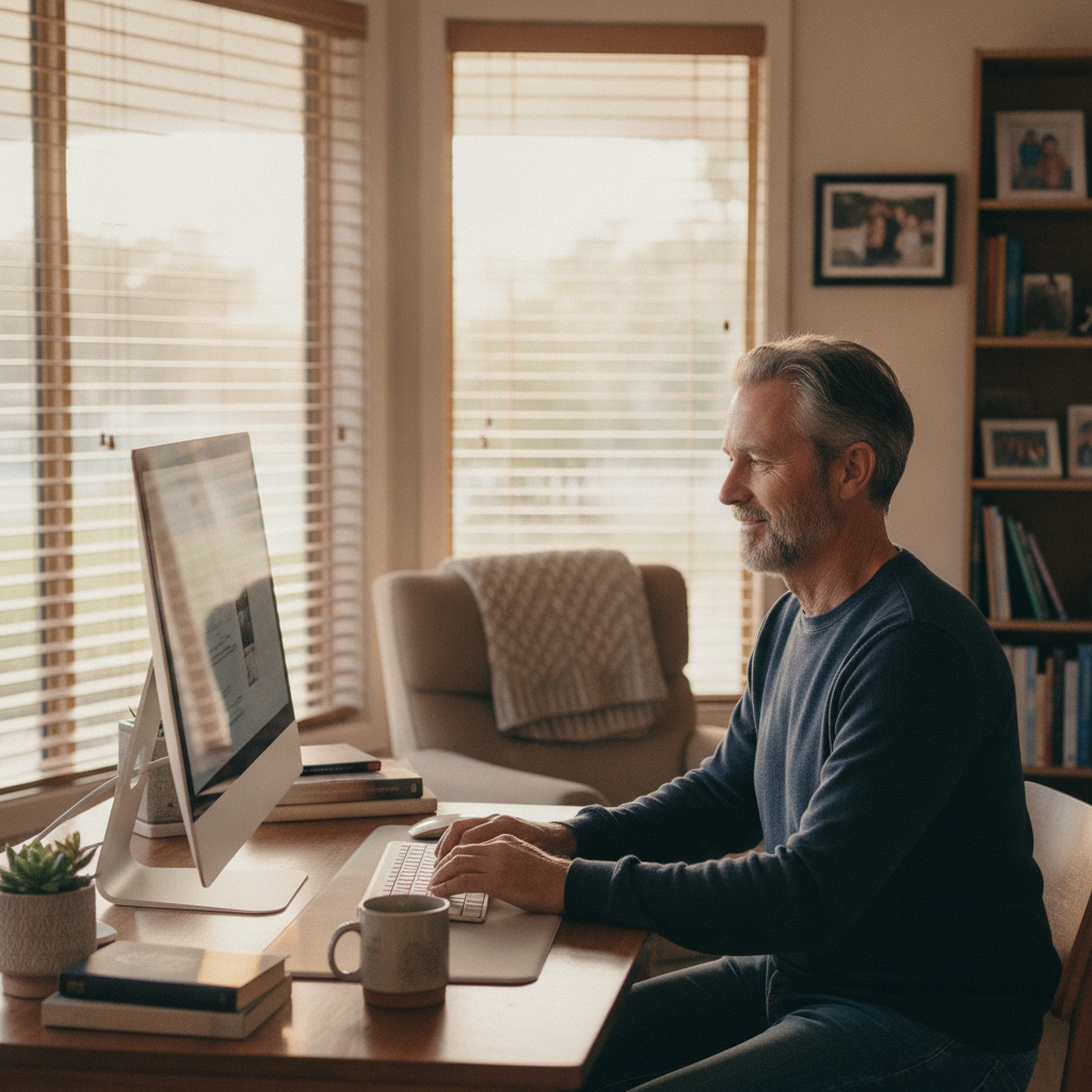 Professional computer clean-out in Birdwood (2446) — a happy New South Wales resident at home with a spotless, fast, quiet machine