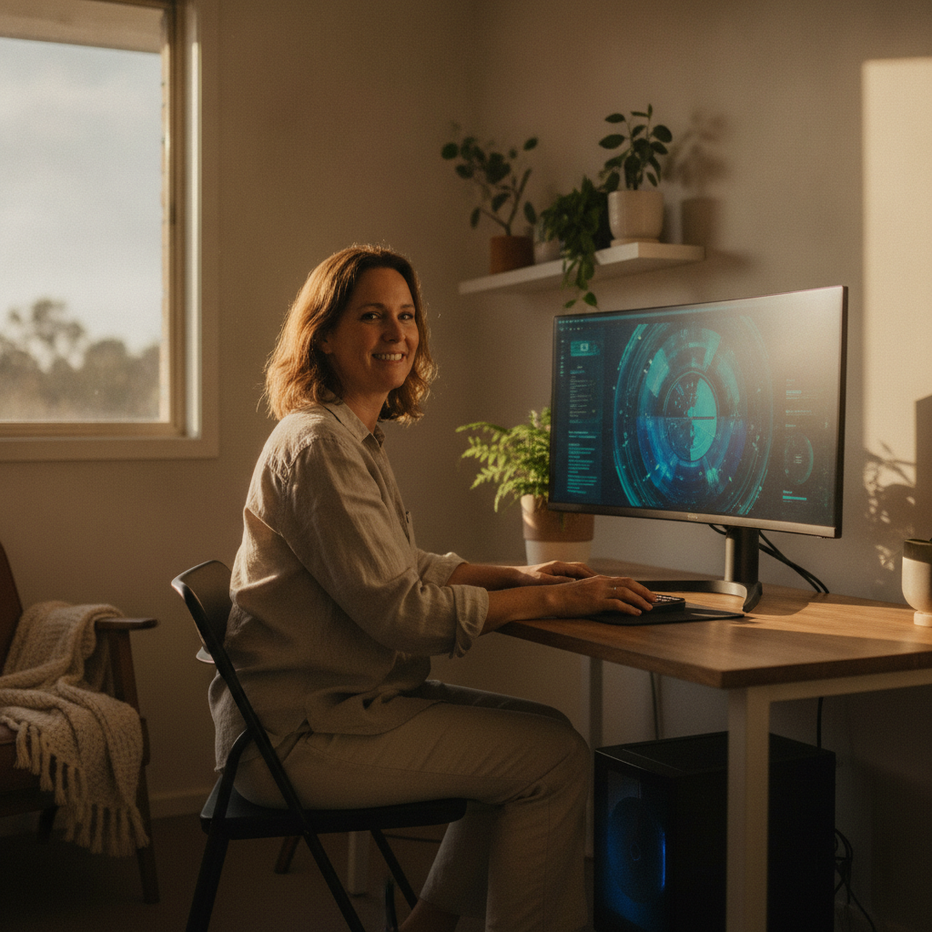 Professional computer clean-out in Birmingham Gardens (2287) — a happy New South Wales resident at home with a spotless, fast, quiet machine
