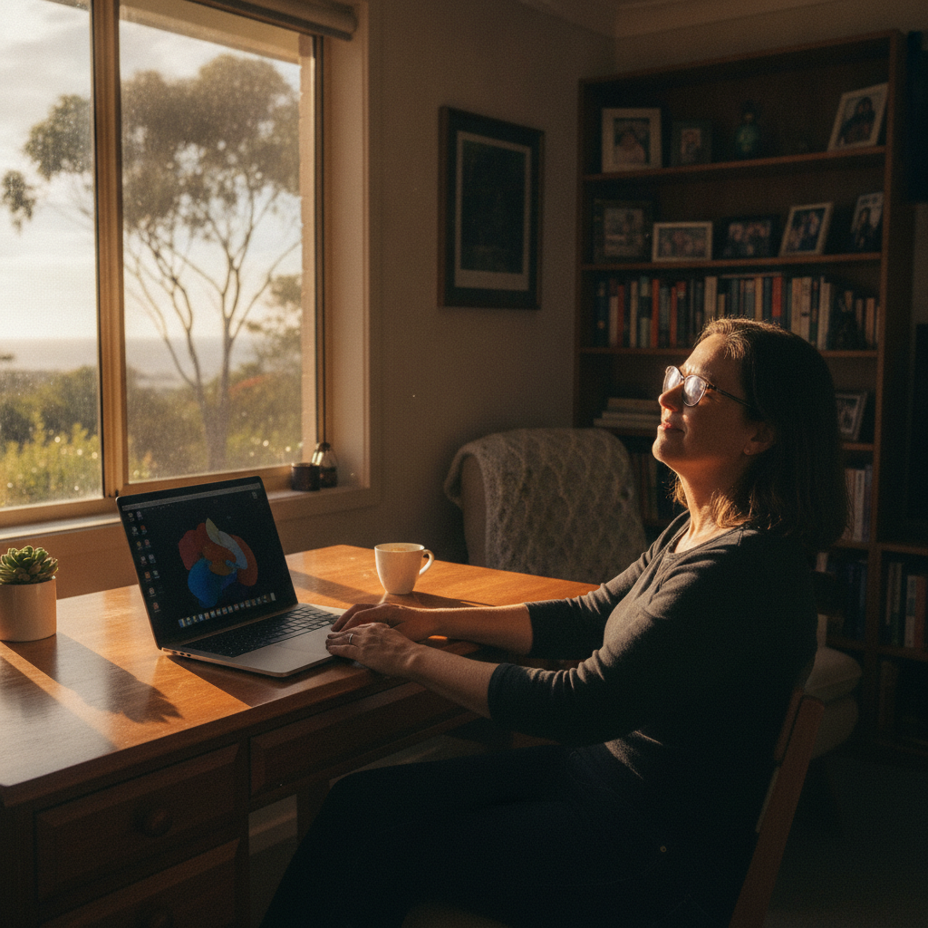 Professional computer clean-out in Black Head (2430) — a happy New South Wales resident at home with a spotless, fast, quiet machine