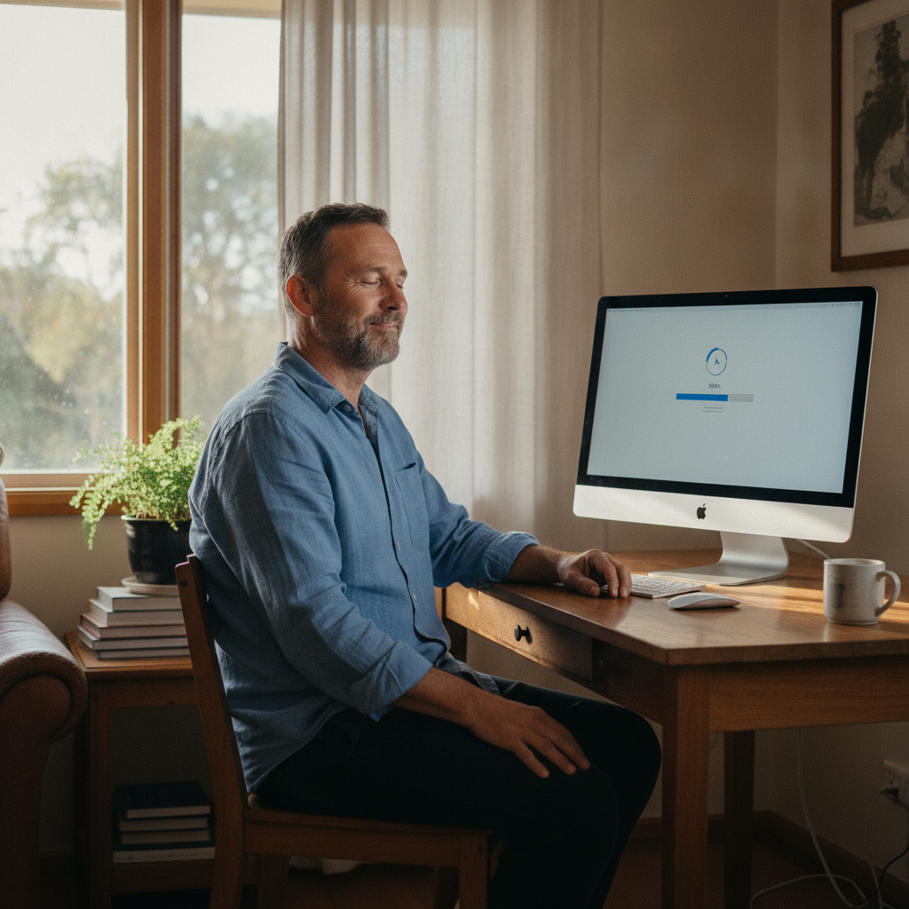 Professional computer clean-out in Blackmans Flat (2790) — a happy New South Wales resident at home with a spotless, fast, quiet machine