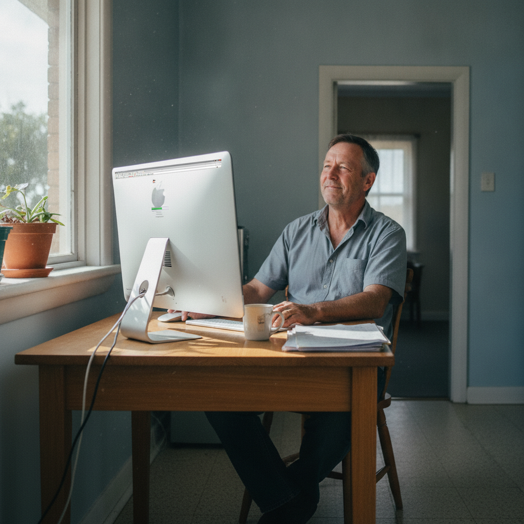 Professional computer clean-out in Bland (2721) — a happy New South Wales resident at home with a spotless, fast, quiet machine
