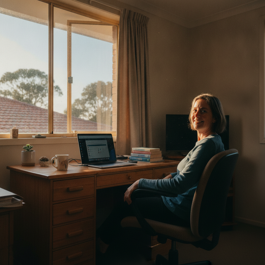 Professional computer clean-out in Blaxcell (2142) — a happy New South Wales resident at home with a spotless, fast, quiet machine