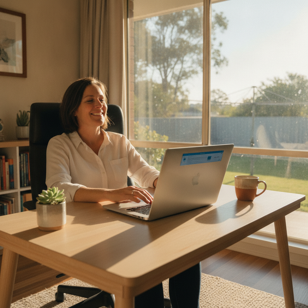 Professional computer clean-out in Blaxland East (2774) — a happy New South Wales resident at home with a spotless, fast, quiet machine