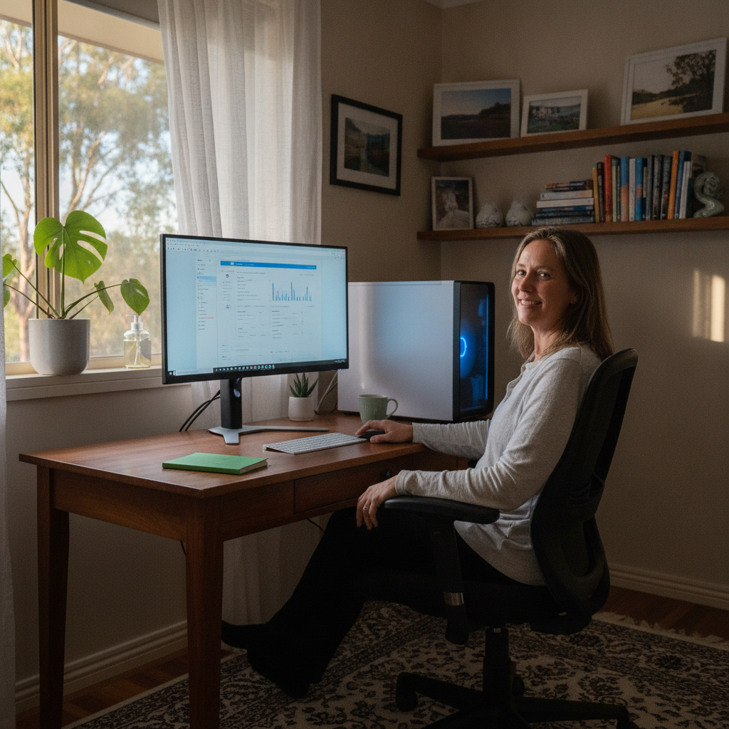 Professional computer clean-out in Blaxlands Ridge (2758) — a happy New South Wales resident at home with a spotless, fast, quiet machine