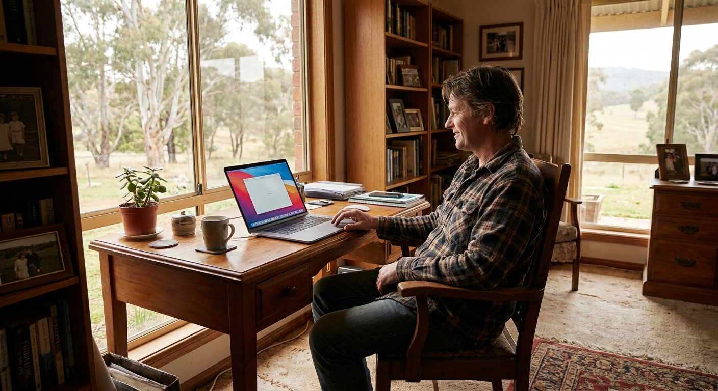 Professional computer clean-out in Bolinda (3432) — a happy Victoria resident at home with a spotless, fast, quiet machine