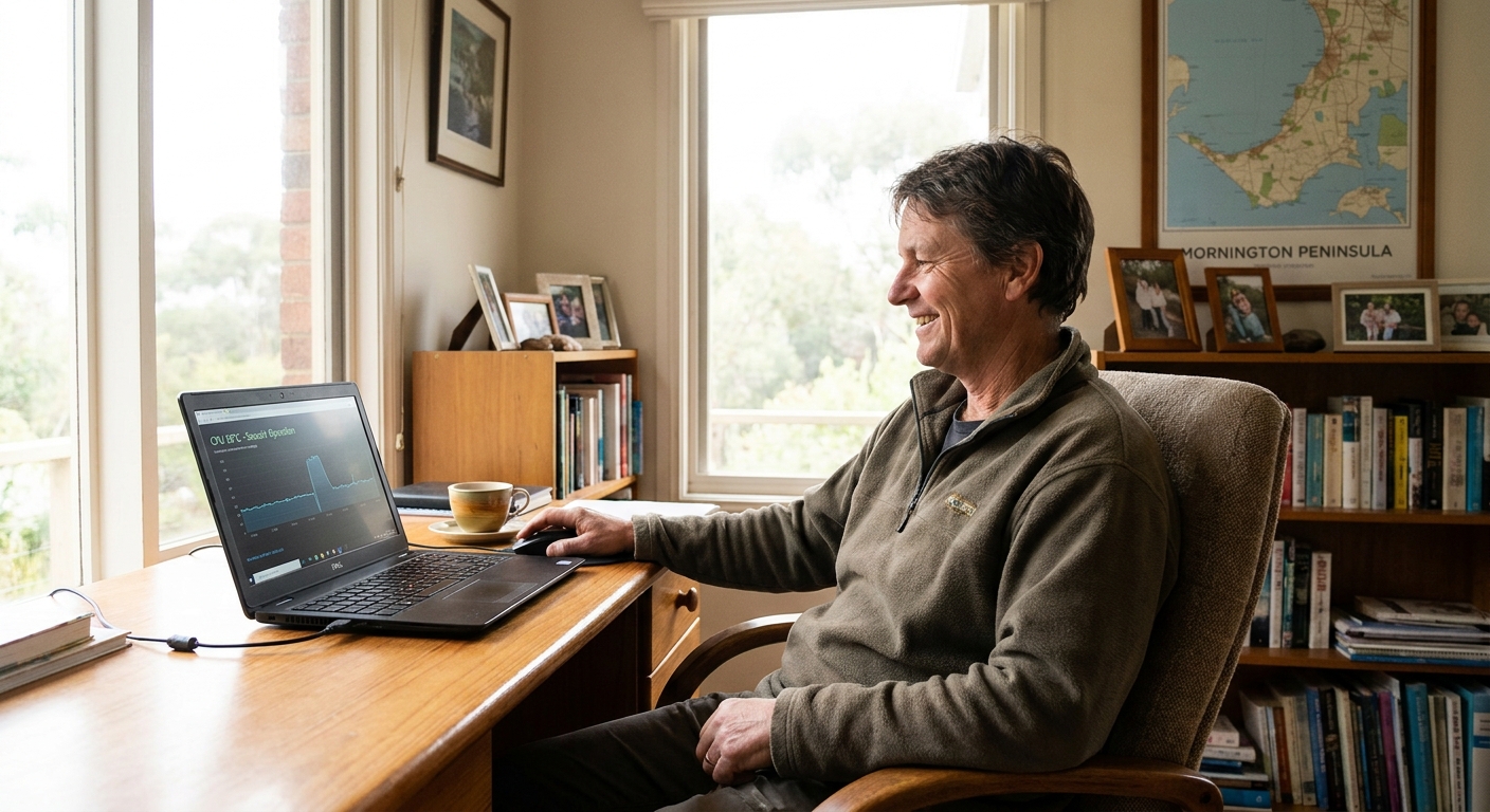 Professional computer clean-out in Boneo (3939) — a happy Victoria resident at home with a spotless, fast, quiet machine