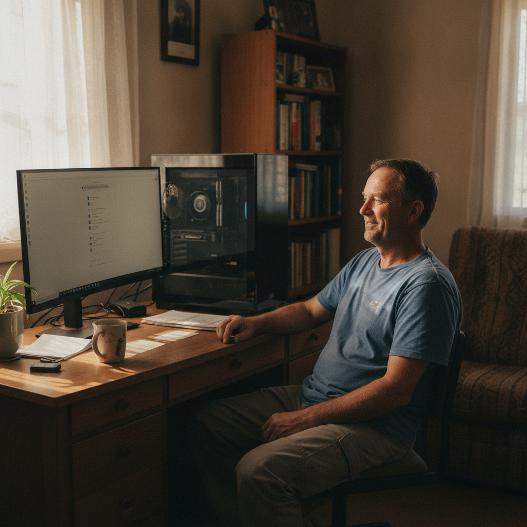 Professional computer clean-out in Booligal (2711) — a happy New South Wales resident at home with a spotless, fast, quiet machine