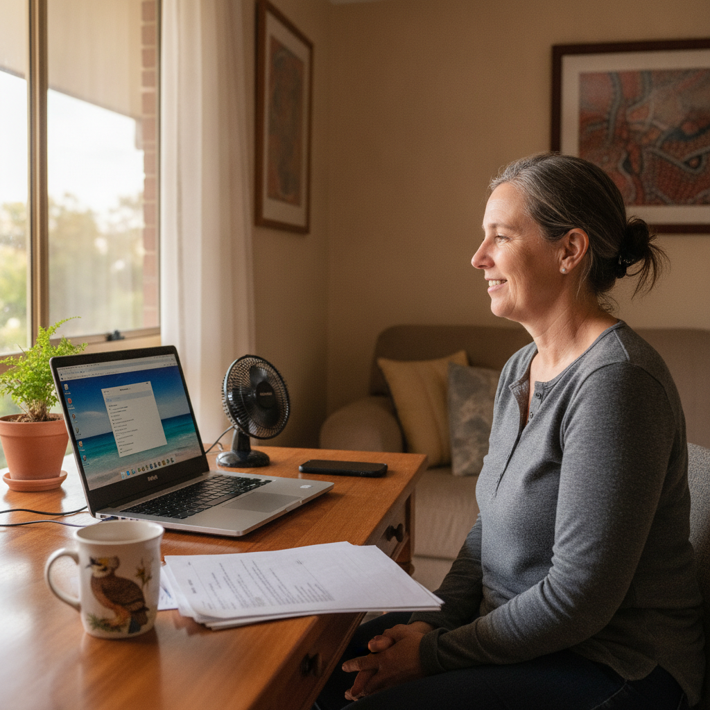Professional computer clean-out in Boorabee Park (2480) — a happy New South Wales resident at home with a spotless, fast, quiet machine