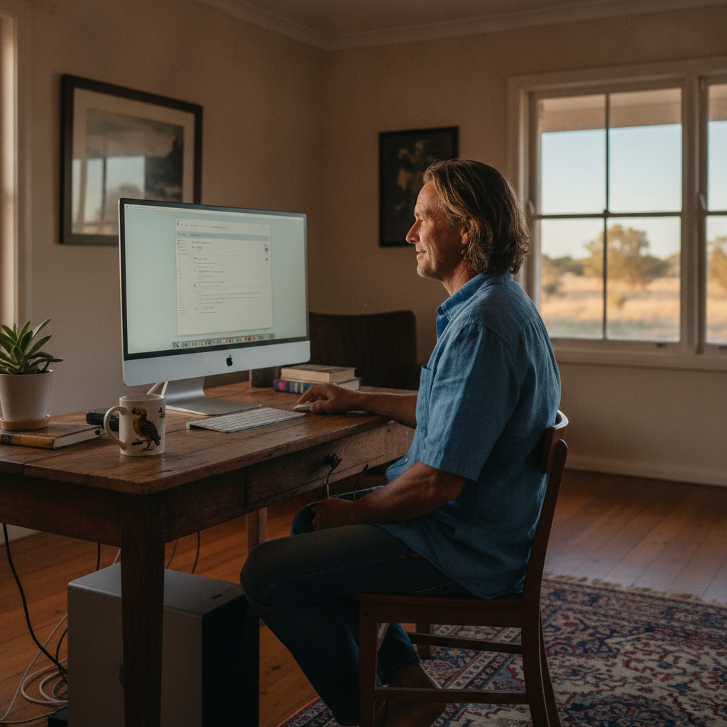 Professional computer clean-out in Booroorban (2710) — a happy New South Wales resident at home with a spotless, fast, quiet machine