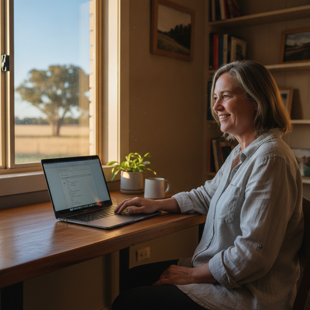 Professional computer clean-out in Boree (2325) — a happy New South Wales resident at home with a spotless, fast, quiet machine
