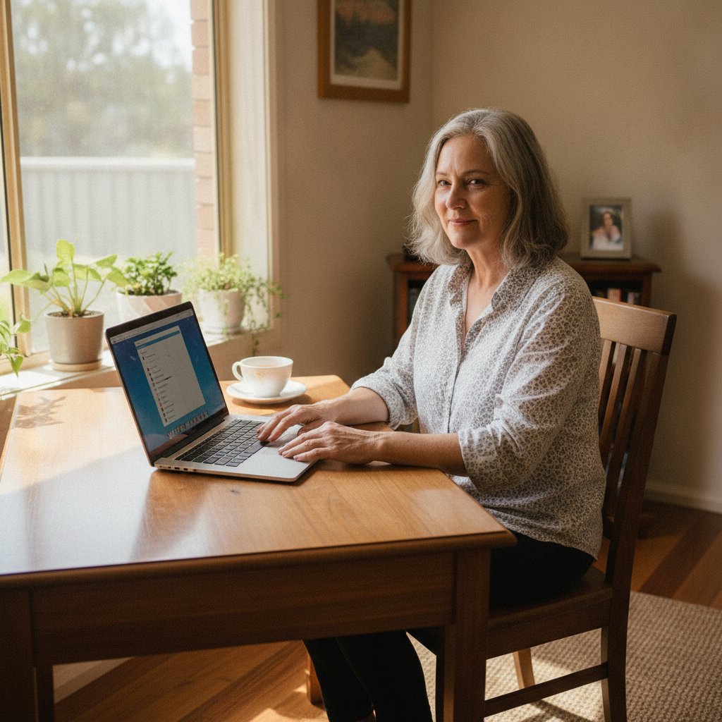 Professional computer clean-out in Boronia Heights (4124) — a happy Queensland resident at home with a spotless, fast, quiet machine