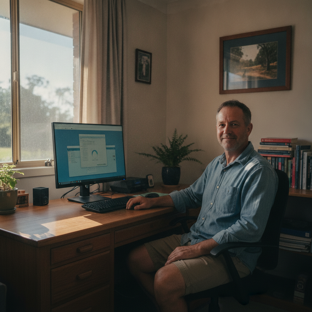 Professional computer clean-out in Botfields (2876) — a happy New South Wales resident at home with a spotless, fast, quiet machine