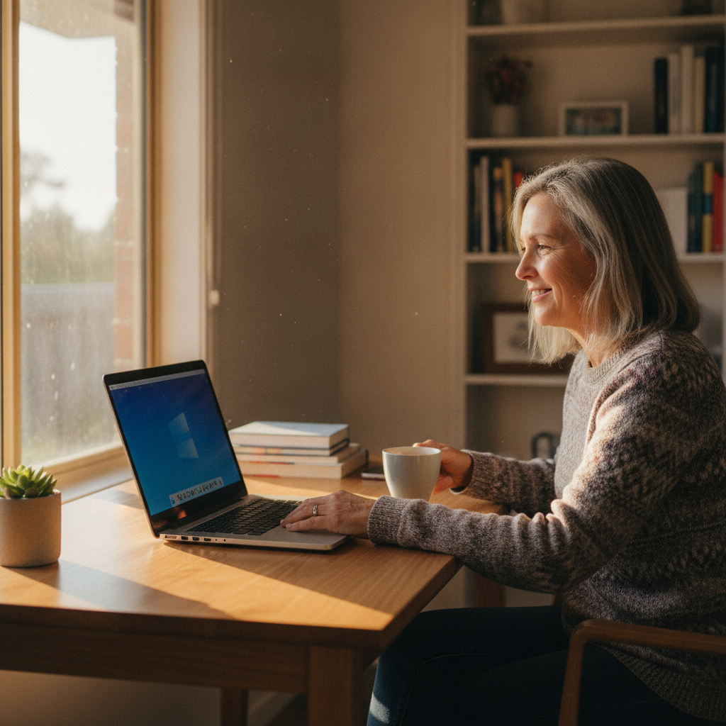 Professional computer clean-out in Bournda (2550) — a happy New South Wales resident at home with a spotless, fast, quiet machine