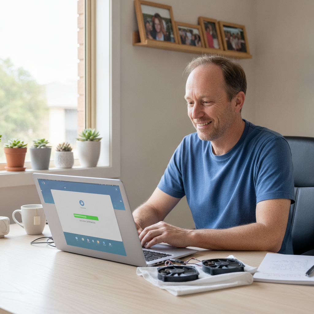 Professional computer clean-out in Brahma Lodge (5109) — a happy South Australia resident at home with a spotless, fast, quiet machine