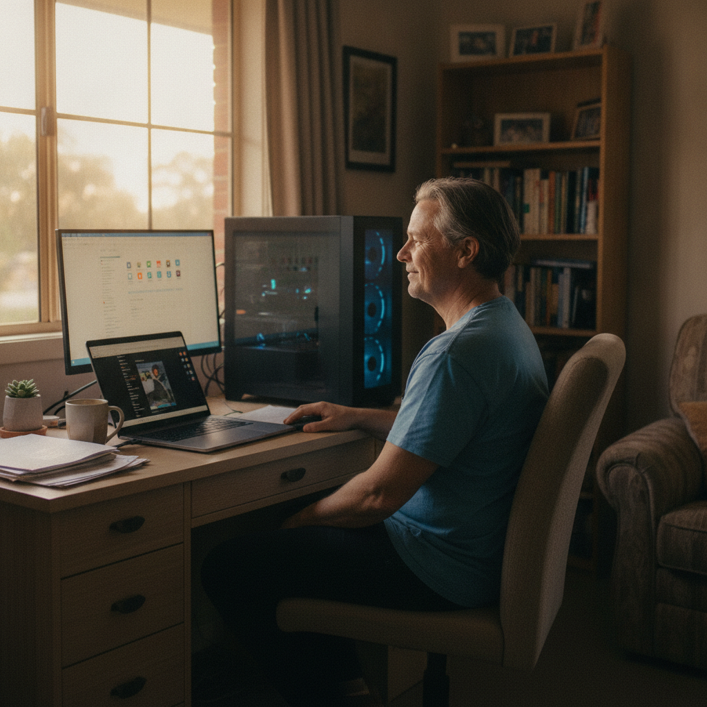 Professional computer clean-out in Brandy Hill (2324) — a happy New South Wales resident at home with a spotless, fast, quiet machine