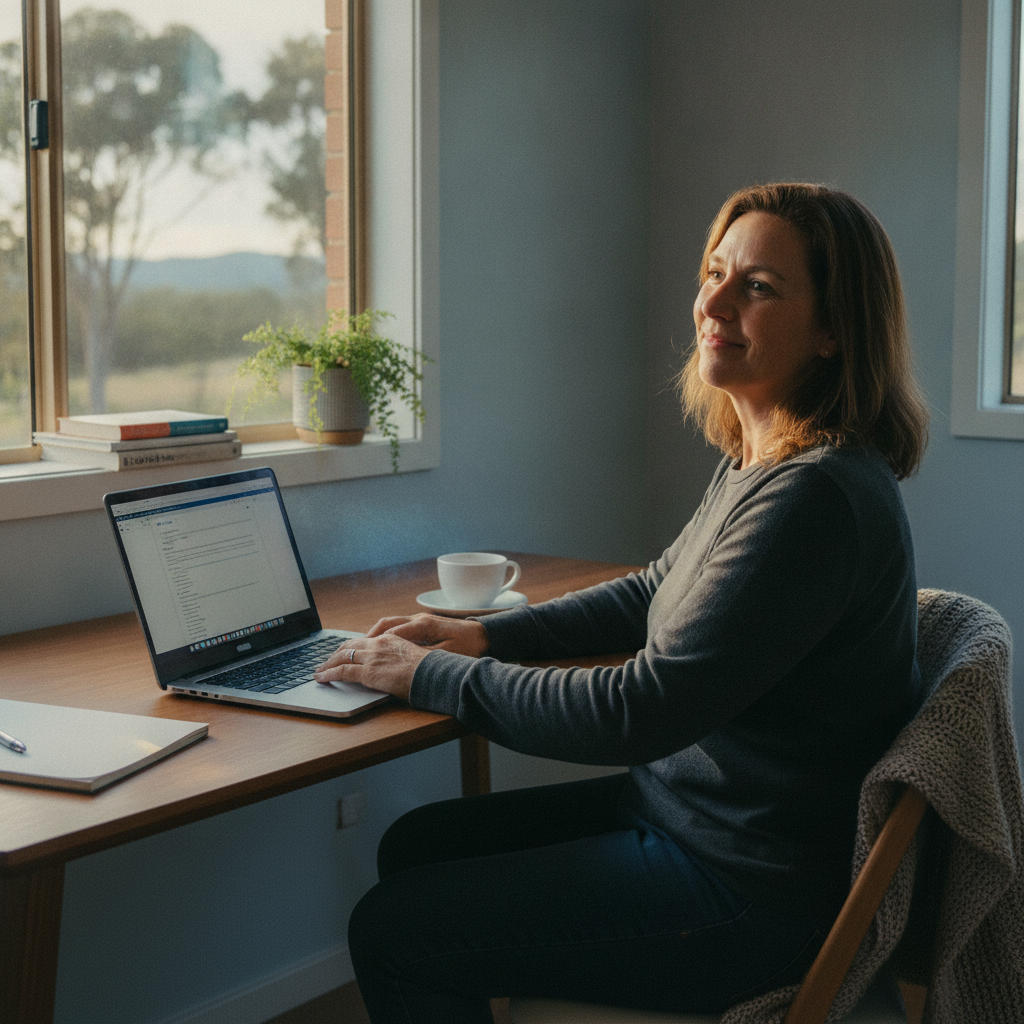 Professional computer clean-out in Branxton (2335) — a happy New South Wales resident at home with a spotless, fast, quiet machine