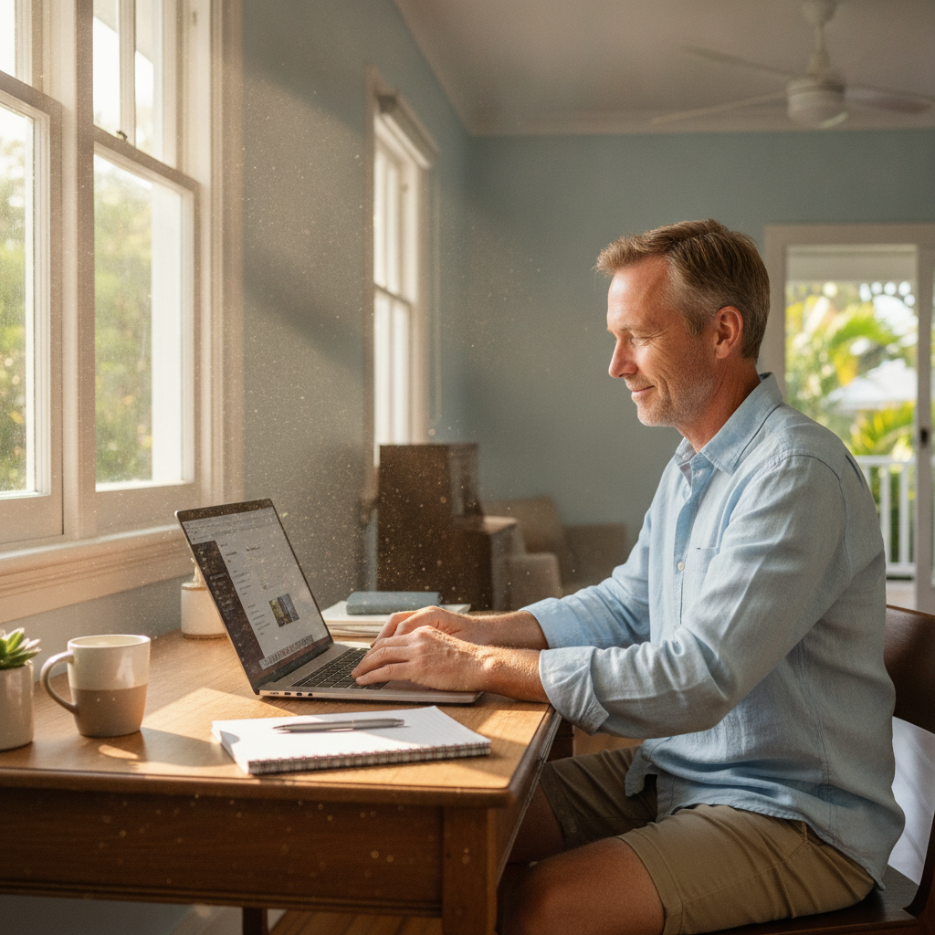 Professional computer clean-out in Bribie Island (4507) — a happy Queensland resident at home with a spotless, fast, quiet machine