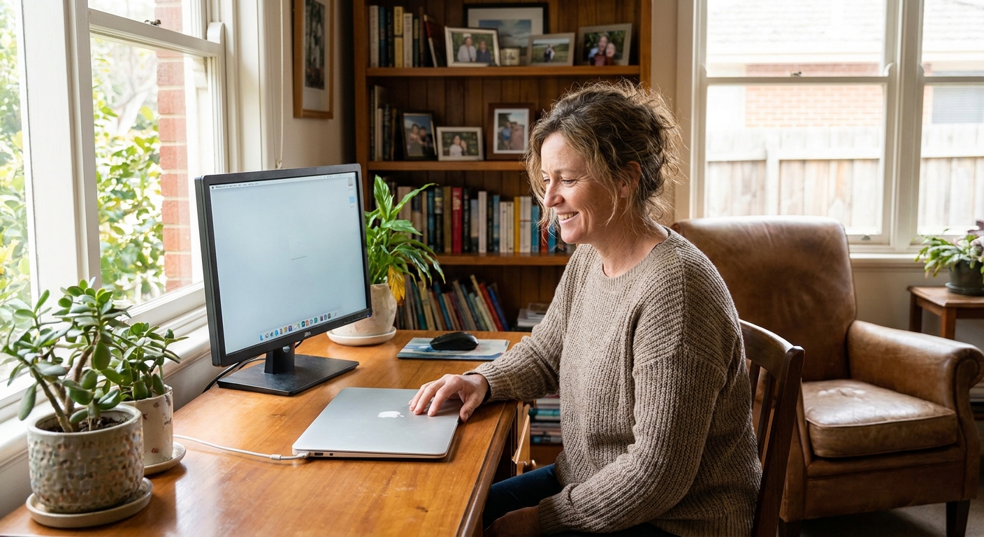 Professional computer clean-out in Brighton North (3186) — a happy Victoria resident at home with a spotless, fast, quiet machine