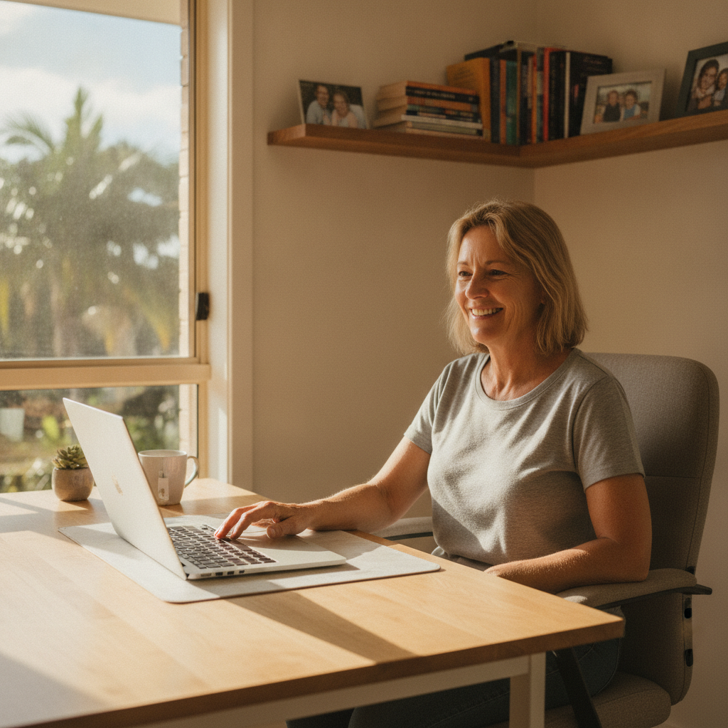 Professional computer clean-out in Brisbane Market (4106) — a happy Queensland resident at home with a spotless, fast, quiet machine