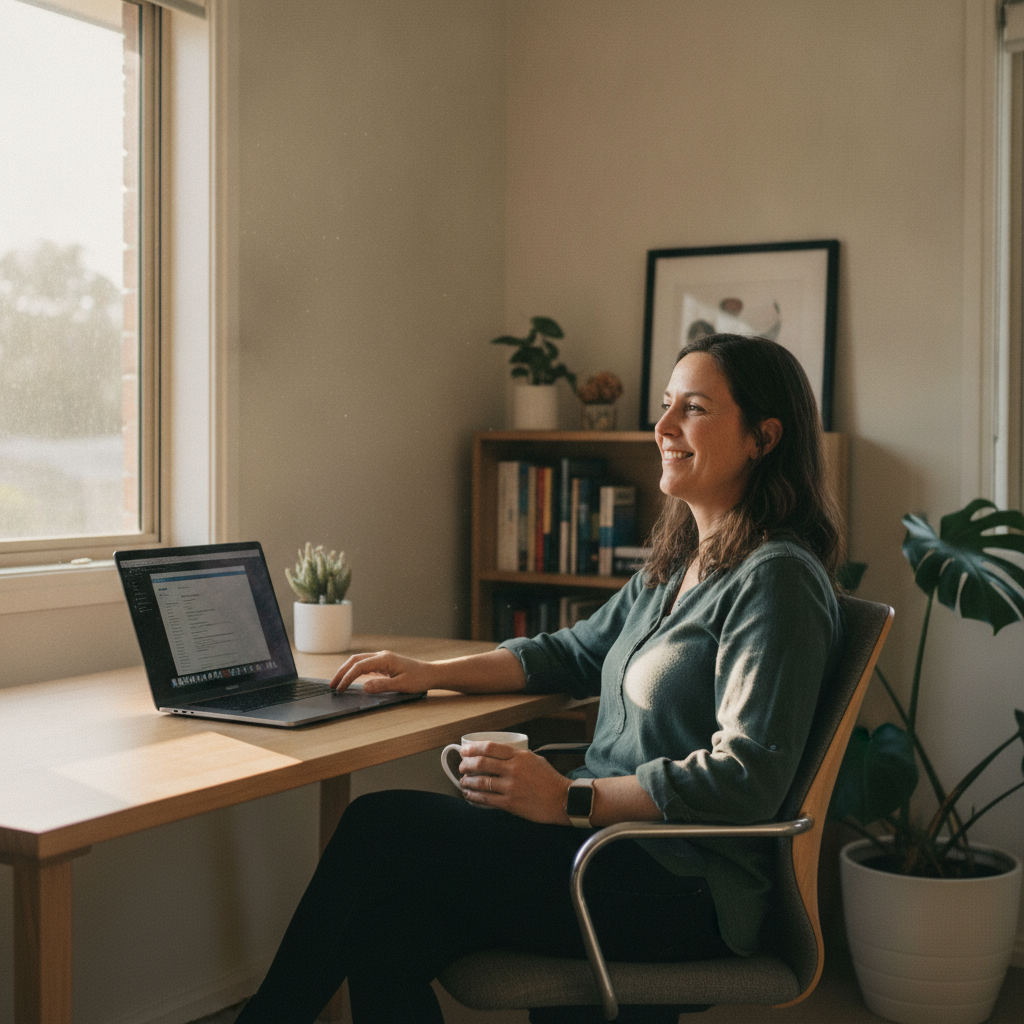 Professional computer clean-out in Brockley (2365) — a happy New South Wales resident at home with a spotless, fast, quiet machine