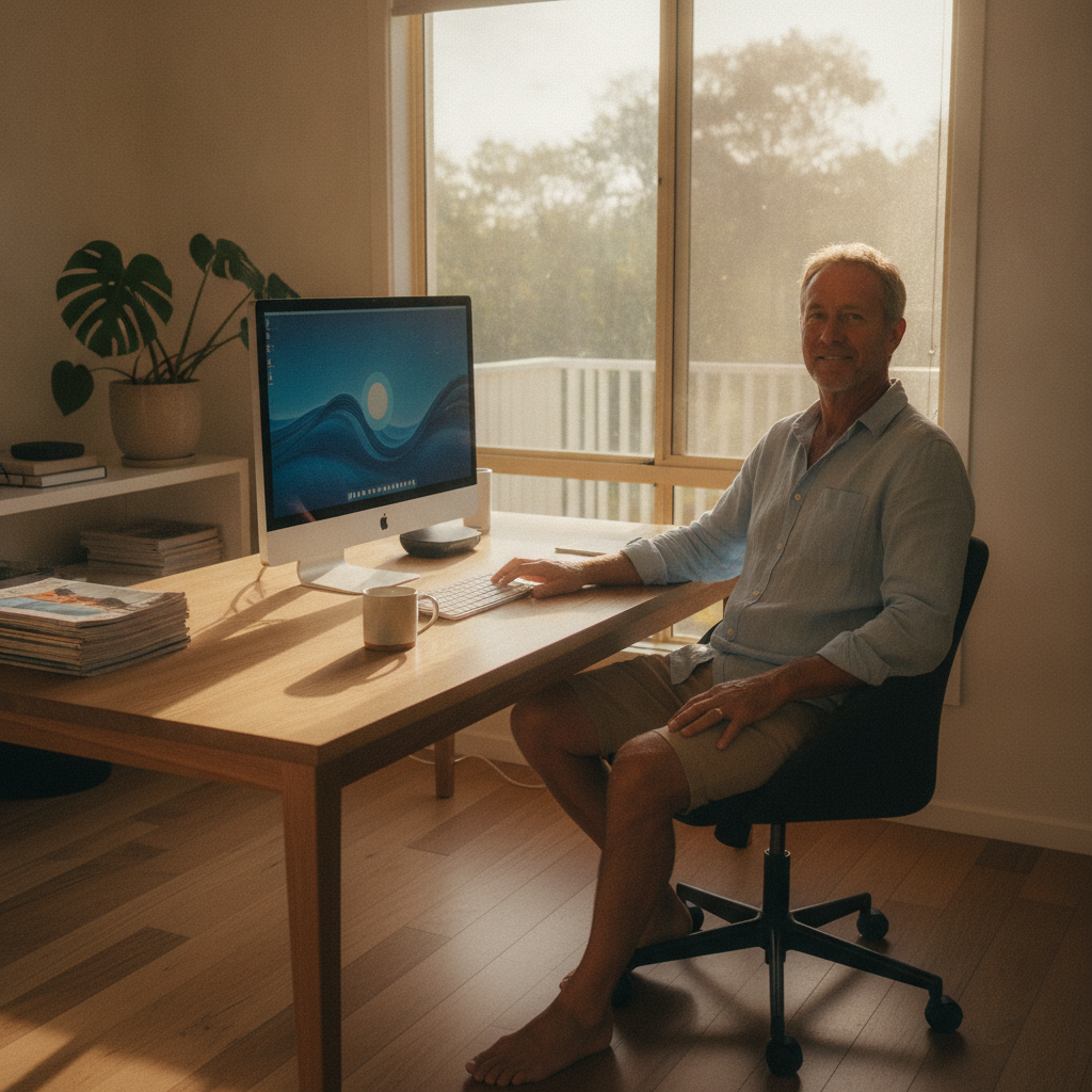 Professional computer clean-out in Broken Head (2481) — a happy New South Wales resident at home with a spotless, fast, quiet machine