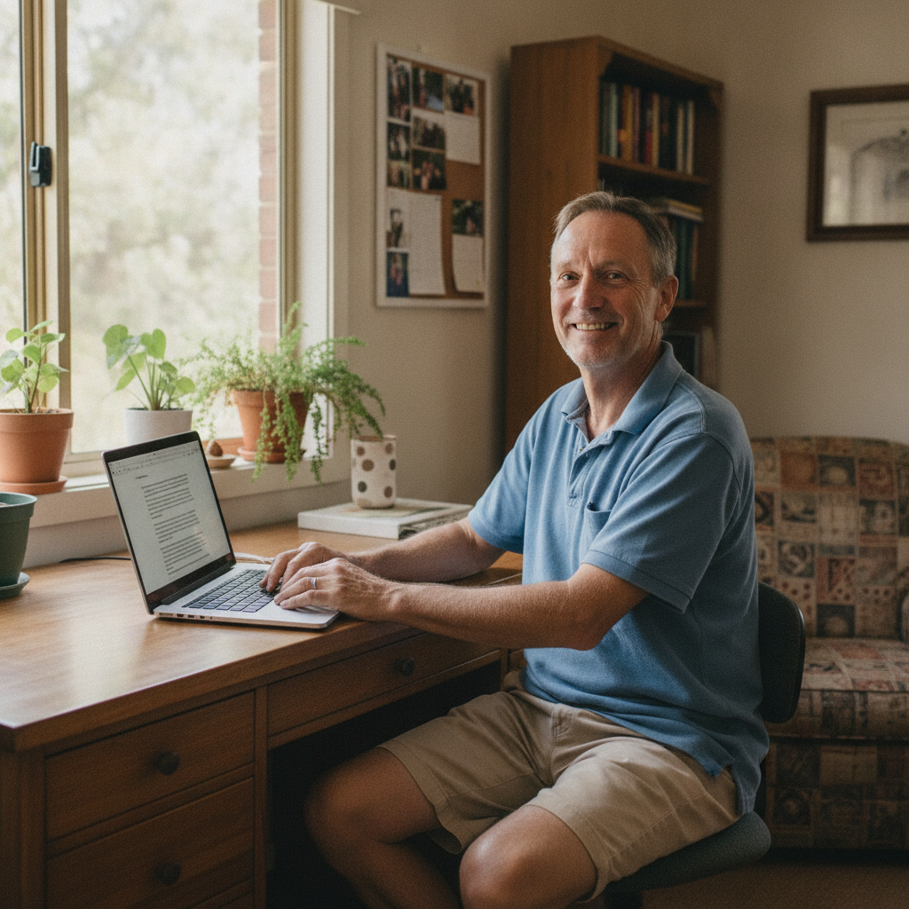 Professional computer clean-out in Brown Hill Creek (5062) — a happy South Australia resident at home with a spotless, fast, quiet machine