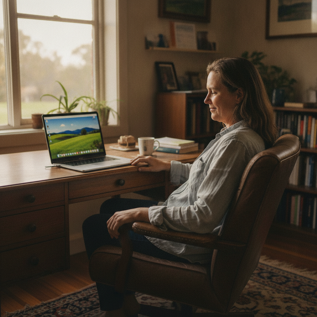 Professional computer clean-out in Browns Creek (2799) — a happy New South Wales resident at home with a spotless, fast, quiet machine