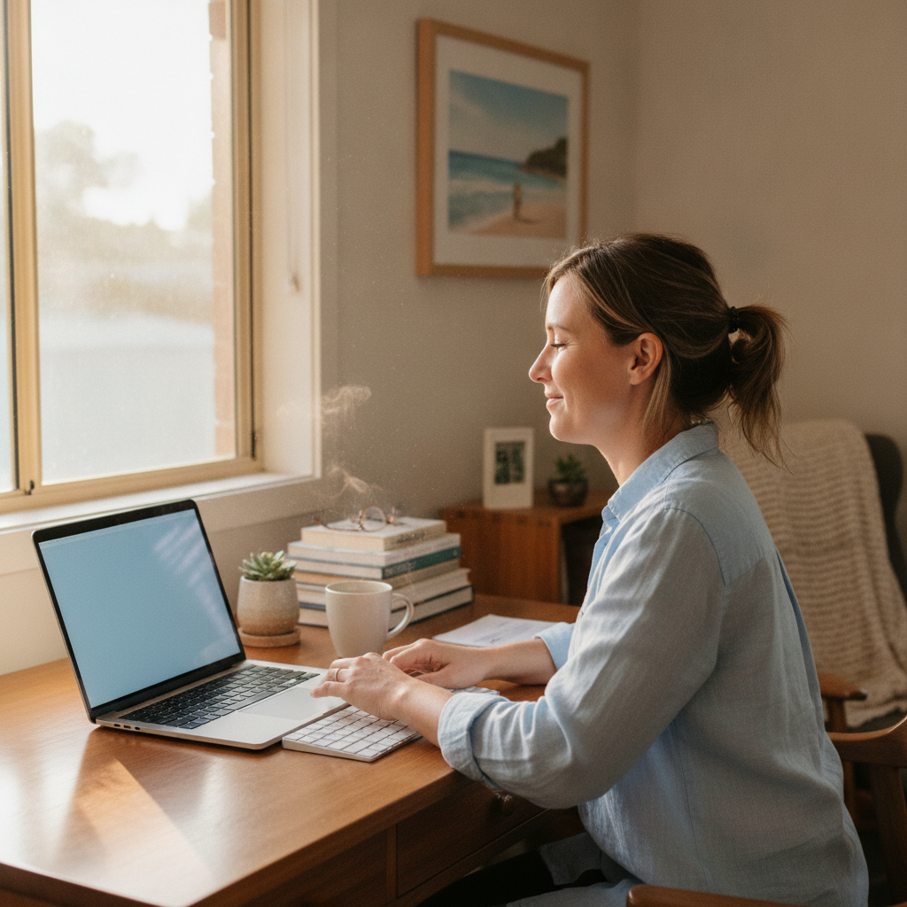 Professional computer clean-out in Browns Plains (4118) — a happy Queensland resident at home with a spotless, fast, quiet machine