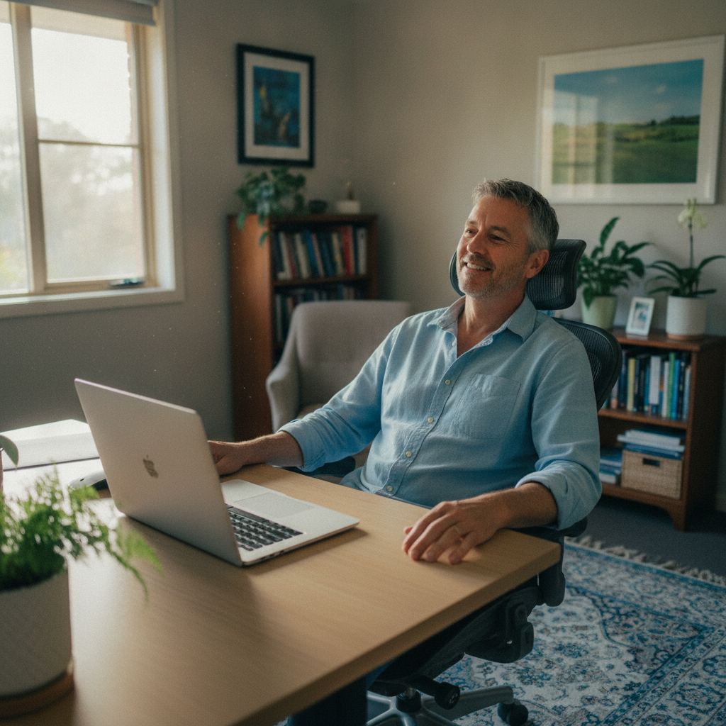 Professional computer clean-out in Brownsville (2530) — a happy New South Wales resident at home with a spotless, fast, quiet machine