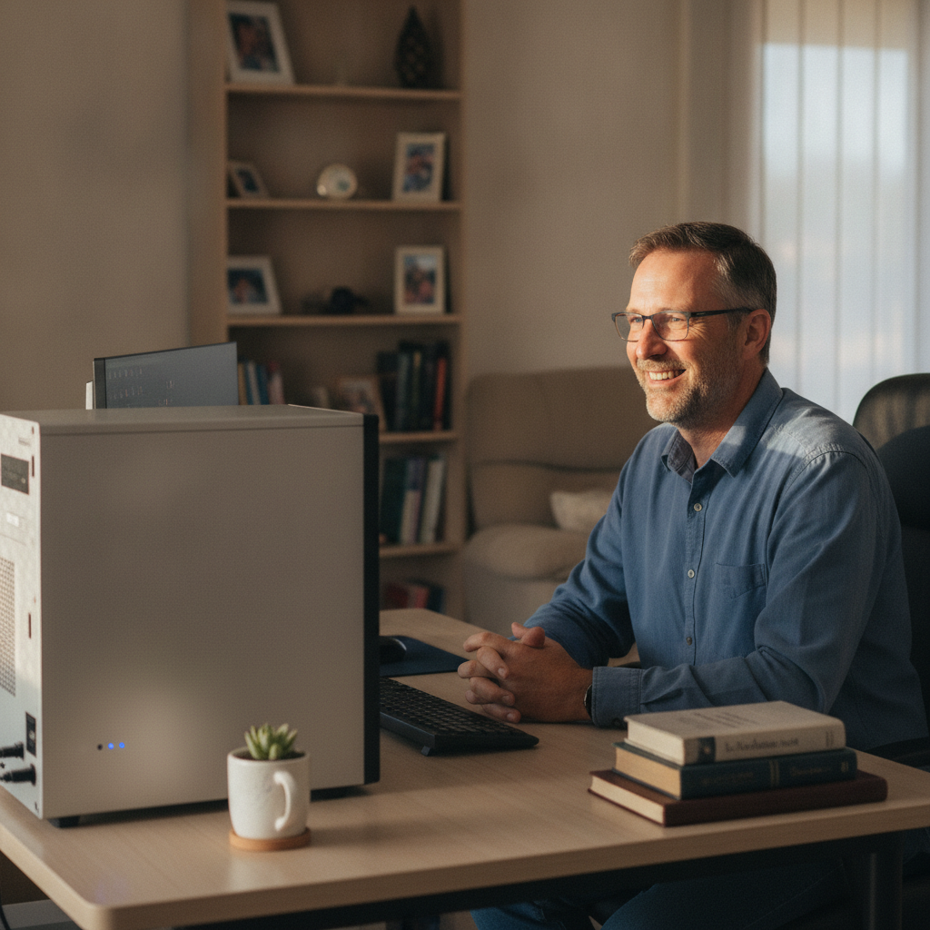Professional computer clean-out in Brucedale (2650) — a happy New South Wales resident at home with a spotless, fast, quiet machine