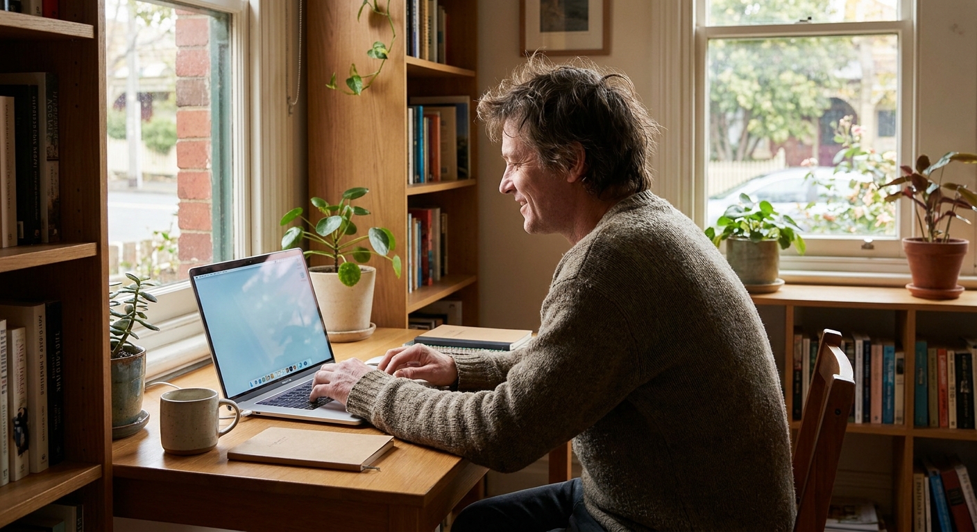 Professional computer clean-out in Brunswick (3056) — a happy Victoria resident at home with a spotless, fast, quiet machine