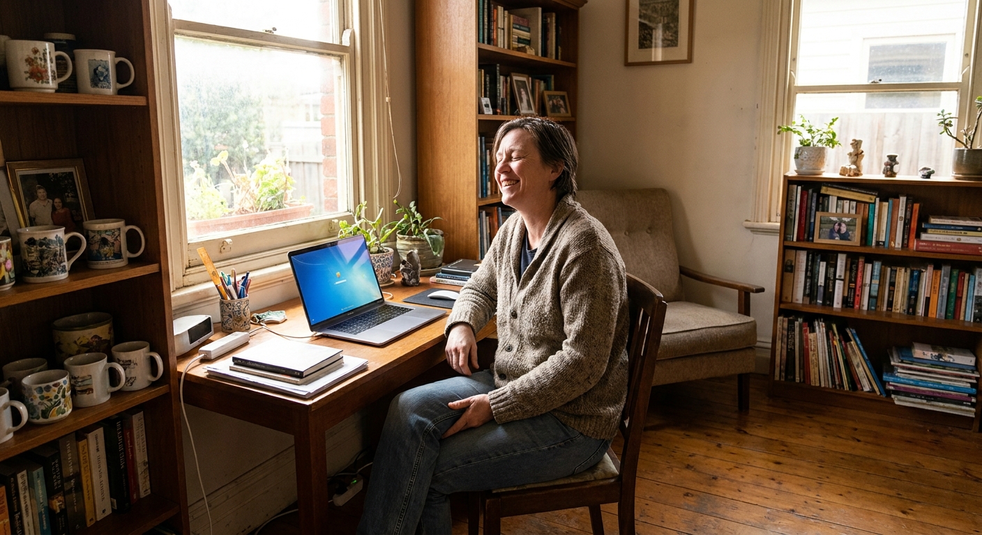 Professional computer clean-out in Brunswick East (3057) — a happy Victoria resident at home with a spotless, fast, quiet machine