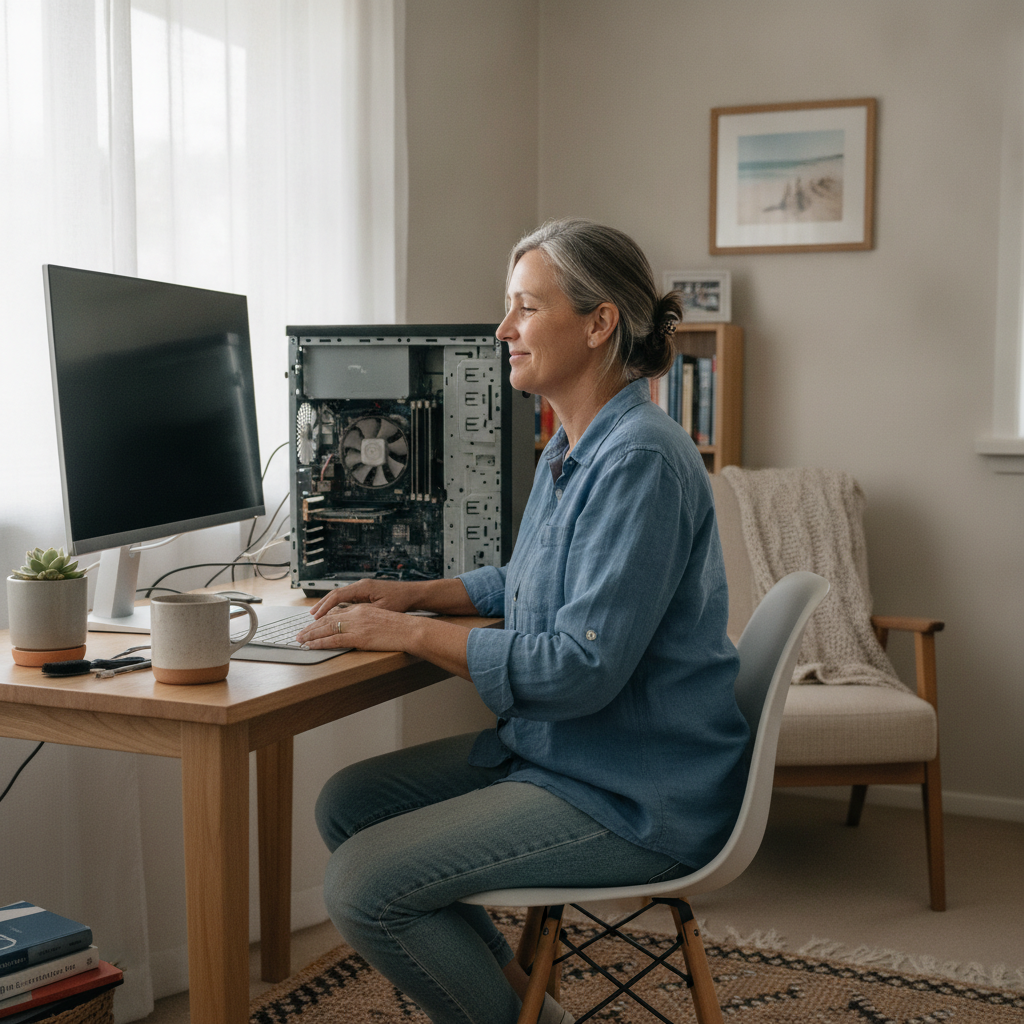 Professional computer clean-out in Buff Point (2262) — a happy New South Wales resident at home with a spotless, fast, quiet machine
