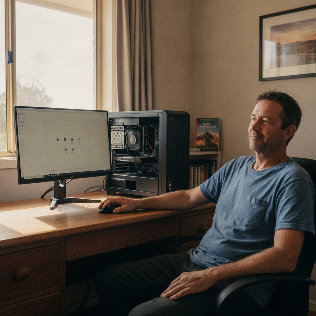 Professional computer clean-out in Bulga (2330) — a happy New South Wales resident at home with a spotless, fast, quiet machine