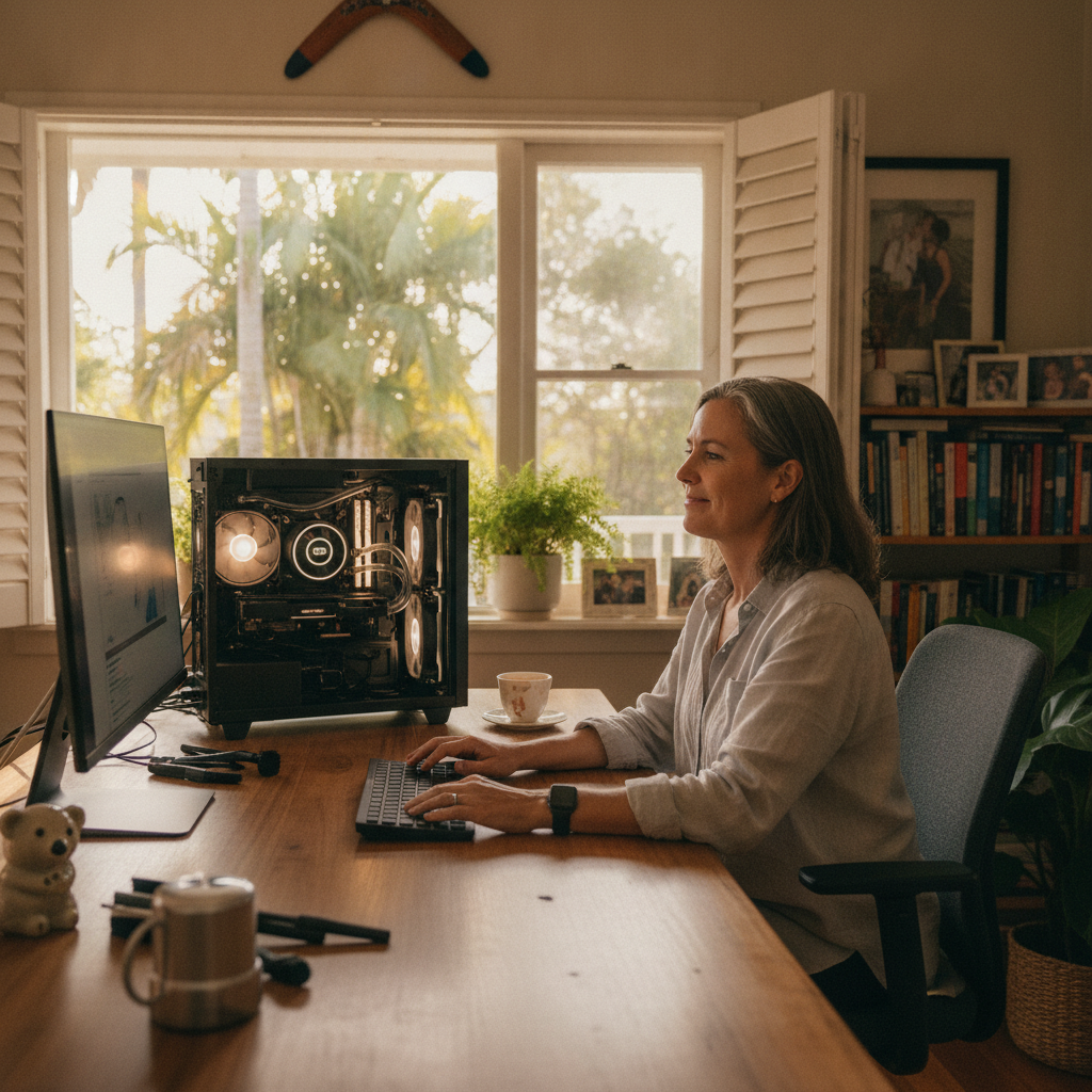 Professional computer clean-out in Bulimba (4171) — a happy Queensland resident at home with a spotless, fast, quiet machine