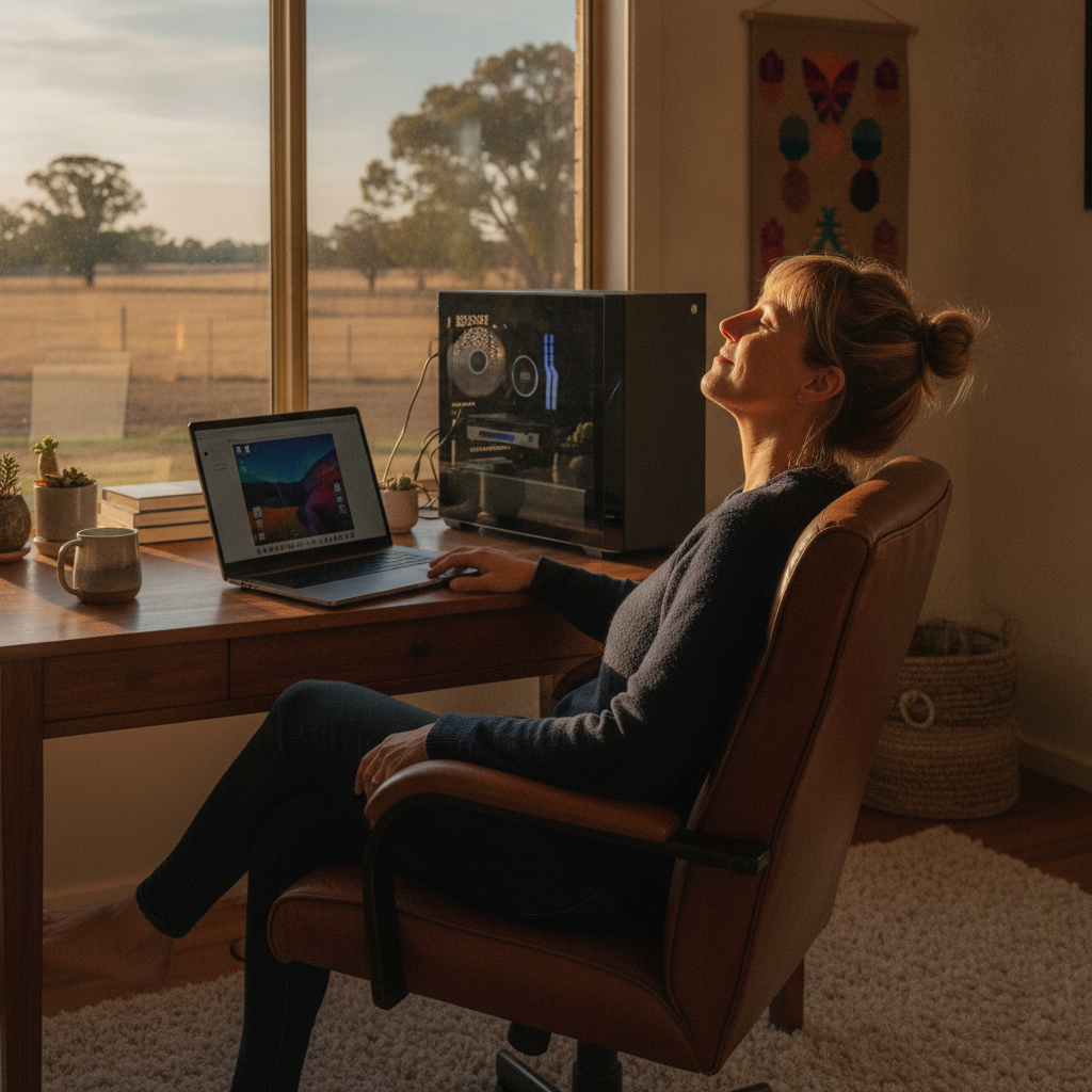 Professional computer clean-out in Bull Plain (2646) — a happy New South Wales resident at home with a spotless, fast, quiet machine