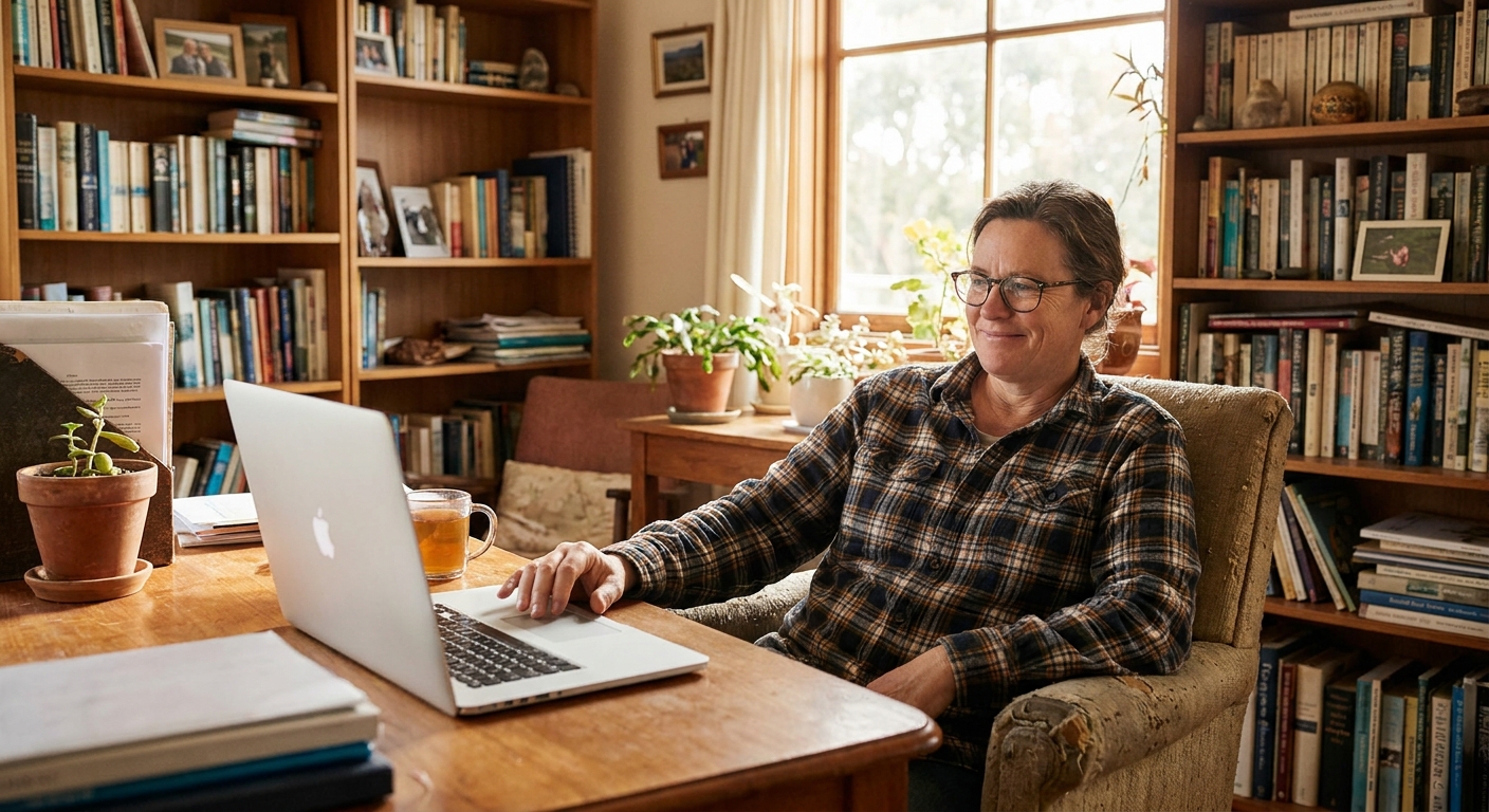 Professional computer clean-out in Bullaharre (3266) — a happy Victoria resident at home with a spotless, fast, quiet machine